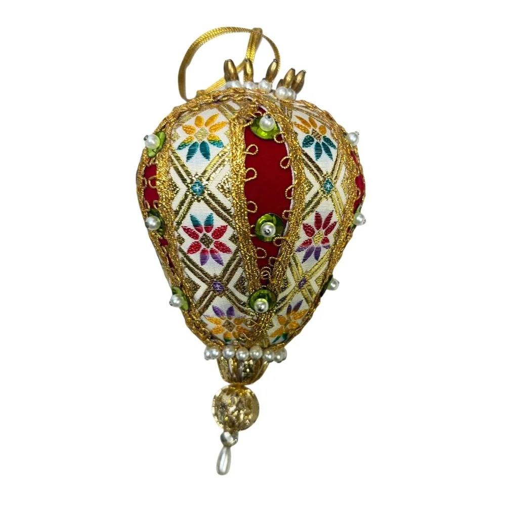 Vintage Beaded Embroidered Egg Christmas Ornament Gold Red‎ Faux Pearl 5